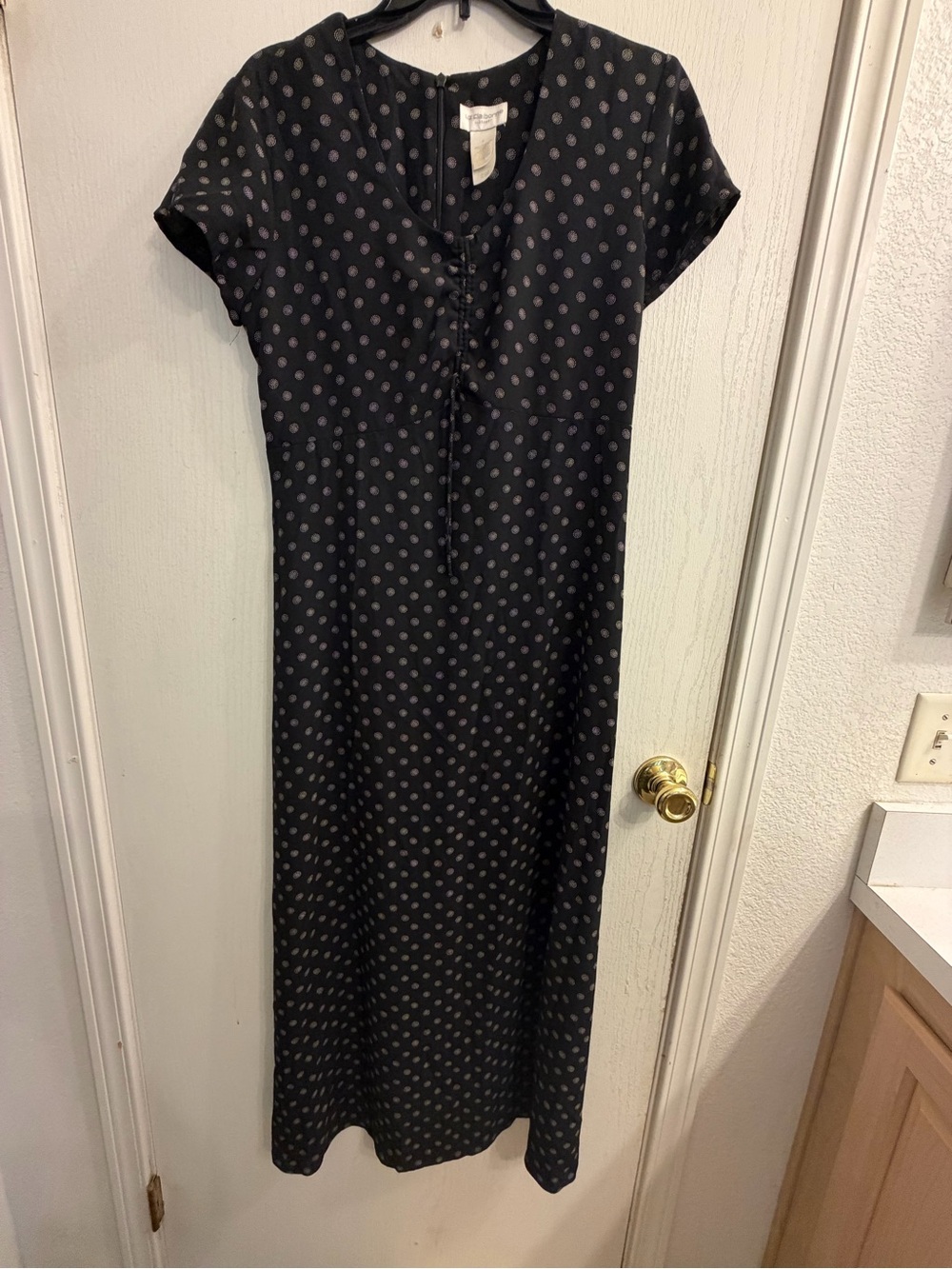 Liz Claiborne Black Maxi Dress with Gray Polka Dots and Button-Front